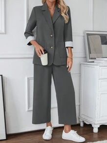 SHEIN Tall Elegante conjunto de traje formal de manga larga con bloque de color para damas - Gris - Ver 4