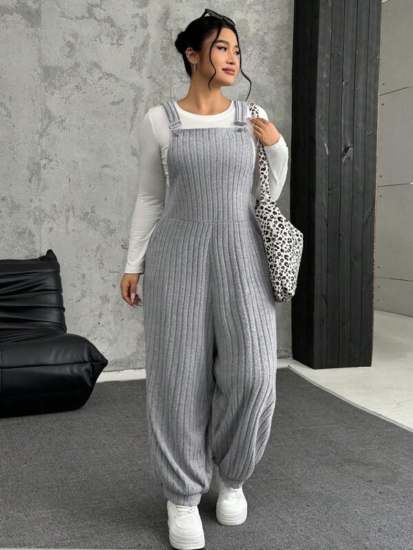 SHEIN EZwear Plus Size Gray Elastic Corduroy Overalls, Autumn/Winter