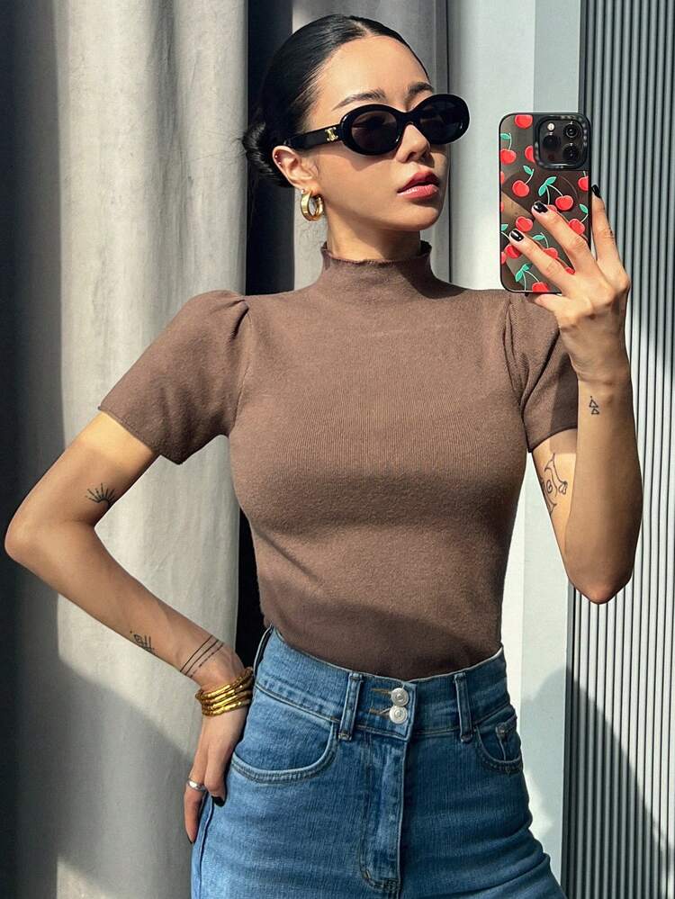 Women Half-Turtleneck Solid Color Slim Fit Pullover Knit Top