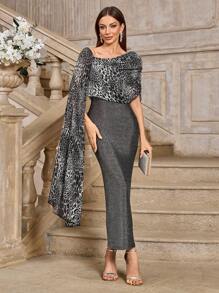 Modelyn Women's Splicing Leopard Print Flowy Ribbon Design Shiny Fitted Long Dress Maxi Women Outfit Long Evening Dresses Fall Cloth For Women - Silver - View 4