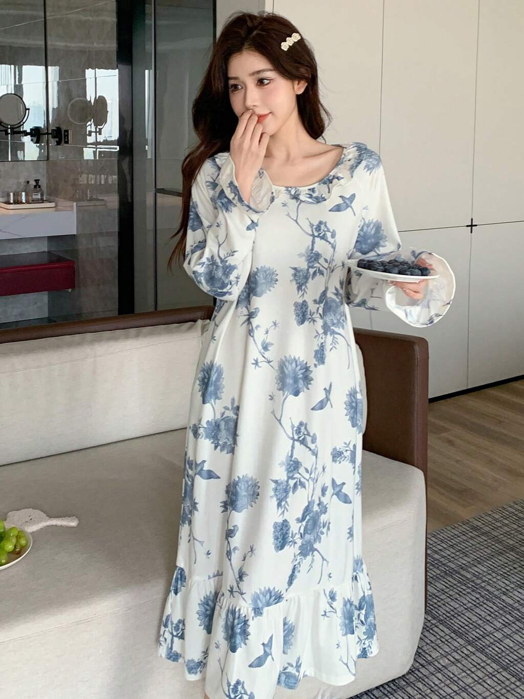 Chinese Style Flower & Bird Print Ruffle Hem Nightgown Pajama Fall,Winter