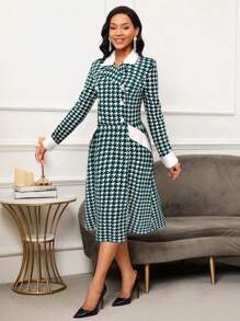 SHEIN Lady Robe croisée double élégante à imprimé pied-de-poule, automne
