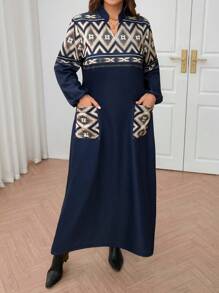 Mulvari Plus Size Autumn Casual Geometric Print Long Dress
