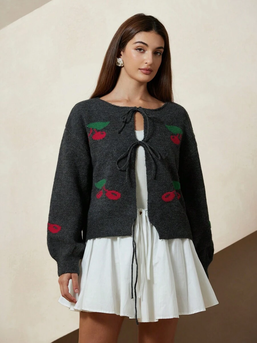 GENKIRA Women's Elegant Simple French Romantic Fruit Pattern Tie-Front Cardigan, Ladies Winter Apparel Oversized Sweater  - Dark Grey - View 1