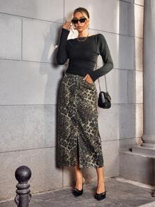 SHEIN LUNE Fashionable Leopard Print Split Hem Denim Mini Skirt - Multicolor - View 3