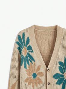 AKNOTIC Business Casual 男士宽松落肩花卉图案 V 领开衫，做旧蓬松罗纹针织面料，驼色、卡其色、黄色，适合秋冬 - 彩色 - 查看 3