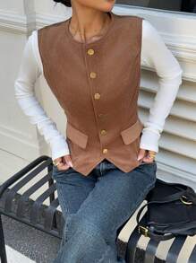 SHEIN Essnce Chaleco de pana para mujer en colores otoñales, chaqueta exterior estilo nómada, chaleco de pana ajustado marrón para mujer - Marrón - Ver 3