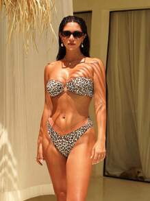 SHEIN Swim 2pcs/Set Sexy Leopard Print U-Neck Bandeau Bikini Set Summer - Multicolor - View 3