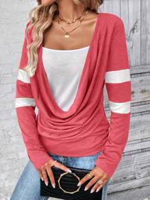 SHEIN LUNE Women's Contrast Color Round Neck Drape Striped Print Casual Long Sleeve T-Shirt For New Year Clothes Graphic Tees Women Tops For Spring Outfit