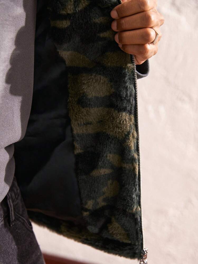 Men's Knitted Camouflage Printed Stand Collar Vest, Suitable For Autumn/Winter Season, Vintage Green Vest, For Friends, Husband, Boyfriend Gifts