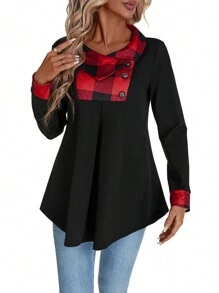 SHEIN LUNE Damen eleganter roter Kontrast Karomuster asymmetrischer Saum Langarm Sweatshirt Pullover Herbst - Schwarz - Übersicht 7
