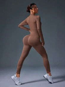 Easithlete 纯色罗纹拉链修身长袖连体裤 - 咖啡棕 - 查看 2