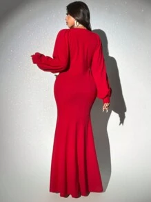 Viva Relle Plus Size Fitted V-Neck Mermaid Dress, Solid Color For New Year Clothes Maxi Women Outfit