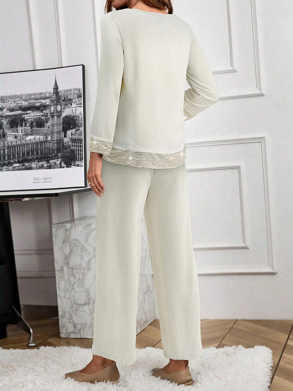2pcs Women Solid Color Top & Pants Set With Ruffle Hem Design