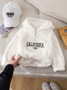 SHEIN Cute Adorable Baby Girl Fuzzy Letter Embroidered White Hoodie Sweatshirt, Warm And Versatile For Autumn/Winter