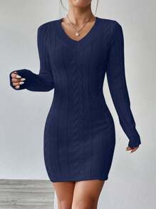 Flirla Vestido ceñido casual de unicolor con escote en V y manga larga, versátil para mujer