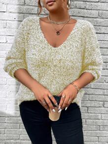 Calvaya Suéter holgado de punto con cuello en V y pelaje para mujer de talla grande, versátil para otoño/invierno - Caqui - Ver 5