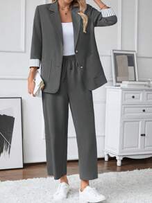 SHEIN Tall Elegante conjunto de traje formal de manga larga con bloque de color para damas - Gris - Ver 1