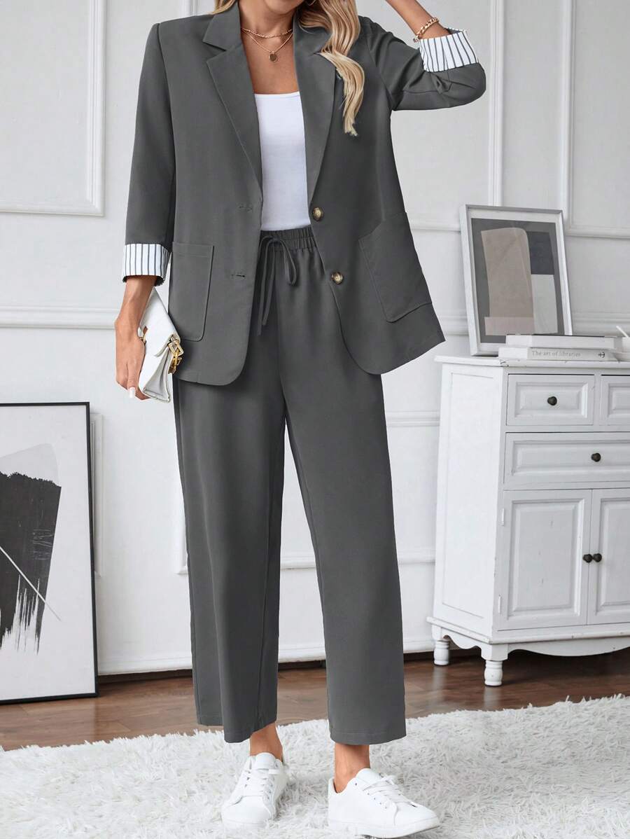 SHEIN Tall Elegante conjunto de traje formal de manga larga con bloque de color para damas - Gris - Ver 1