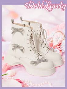 Dola Lovely Round Toe Lace-Up Women's Black Patent Leather Platform Wedge Ankle Boots, Bowknot Decor, Fashion Autumn/Winter For Christmas And New Year Holiday Vibe Fall And Winter Valentines