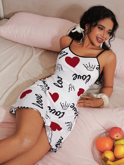 SweetSlumber Robe de nuit à bretelles fines avec imprimé cœur à la mode pour femmes, robe de pyjama pour l'été
