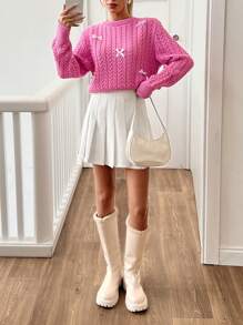 EURMUSE Women Round Neck 3d Ribbon Detailed Cute Textured Sweater Pullover - Hot Pink - View 5