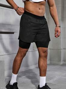 Manfinity Fitness Men's Letter Print Patch Pocket Athletic Shorts For Summer