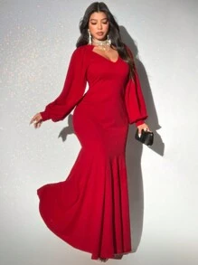 Viva Relle Plus Size Fitted V-Neck Mermaid Dress, Solid Color For New Year Clothes Maxi Women Outfit