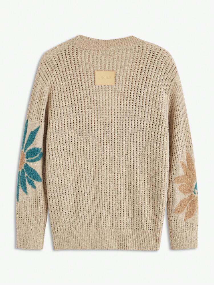 メンズ ルーズ ドロップショルダー フローラルパターン Vネック カーディガン、ダメージ加工 フワフワリブニット生地、キャメル、カーキ、イエロー、秋冬用