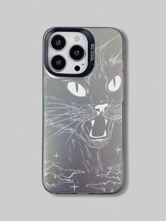Goth 1 pieza Funda de teléfono con estampado de gato negro, efecto láser en plata y negro