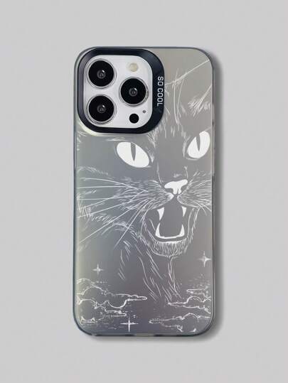 Goth 1pc Black Cat Print IMD Silver & Black Laser Phone Case