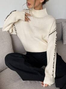 SHEIN Frenchy Women Solid Colour Color Block With Leopard Print Trim Trim Stand Collar Long Sleeve Warm Brushed Pullover Sweaters, Autumn/Winter New Arrival,Commute Daily Wear,Ins Blogger Outfits Minimalist,Suitable For Spring, Winter And Autumn