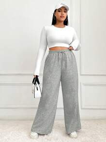 SHEIN EZwear Pantaloni della tuta casual larghi in colore unito con vita con coulisse, per taglie forti donne - Grigio Scuro - Visualizzare 4