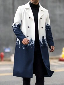 Manfinity Homme Men's Simple Fashionable Casual Overcoat, Everyday Wear, Men Long Coat, Men Outerwear, Double Breasted Coat, For Fall Winter - Navy Blue - View 4