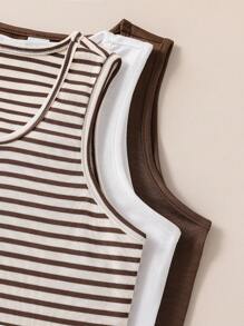 3pcs Tween Girl All-Match Striped Tank Top Set, Casual & Versatile - Multicolor - View 3