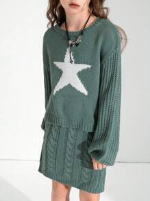SHEIN Explorewe 青少年女孩街头潮流星星刺绣毛衣和紧身裙两件套，休闲时尚，适合外出、聚会和购物 - 軍綠色 - 查看 6