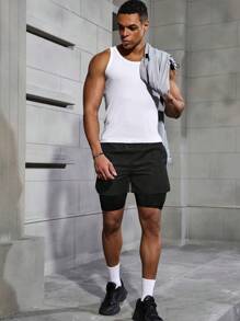 Manfinity Fitness Men's Letter Print Patch Pocket Athletic Shorts For Summer