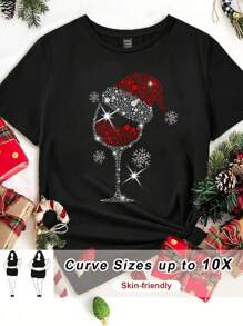 SHEIN CURVE+ 大码女式休闲宽松圣诞红酒杯图案短袖圆领棉质T恤，圣诞圆领上衣 - 黑色 - 查看 1