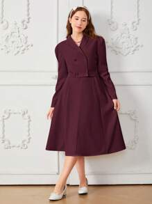 2pcs/Set Teenage Girls Elegant Short Lapel Double-Breasted Blazer Jacket & High Waisted Long Skirt