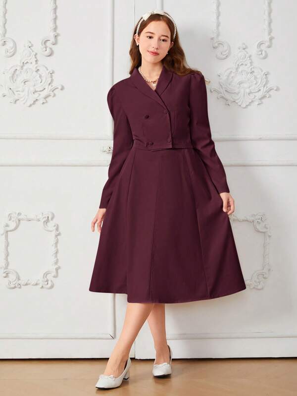 2pcs/Set Teenage Girls Elegant Short Lapel Double-Breasted Blazer Jacket & High Waisted Long Skirt