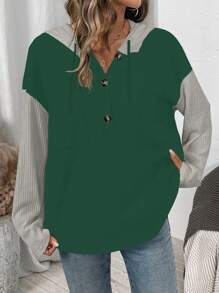 SHEIN LUNE Women Hooded Rib Splicing Long Sleeve Sweatshirt Pullover Fall - Green - View 7