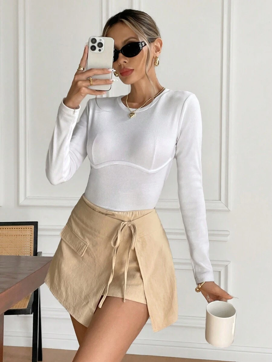 SHEIN Frenchy 女士纯色腰系带开衩下摆休闲迷你裙 - 杏色 - 查看 1