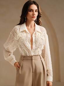 Anewsta French Retro Heavy Embellished Pearl Studded Floral Women's Casual Long Sleeve Sheer Textured Jacquard Shirt, New Year's - Apricot - View 6
