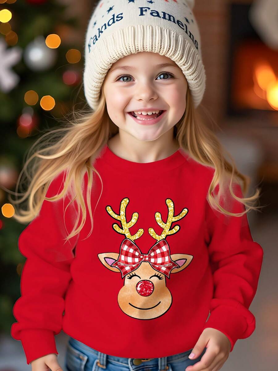 SHEIN Moletom com estampa de veado de Natal para meninas adolescentes casual gola redonda manga comprida grossa, adequado para outono/inverno