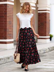 SHEIN VCAY Women's Vacation Casual Ditsy Floral Skirt,Valentine's Day, Rose Print ,Romantic Elegant,FW24