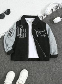 年轻男孩新款水洗黑色休闲宽松英式刺绣拼接长袖牛仔夹克，简约时尚设计，适合日常穿着 - 黑色 - 查看 1