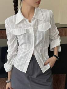 DAZY Women's Striped Turn Down Collar Short Fitted Shirt, White, Spring/Summer,Fall Clothes Long Sleeve Top - White - View 7
