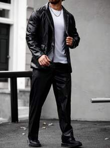 Manfinity Homme PU Leather Zip Pocket Blazer And Pants Suit Set - Black - View 1