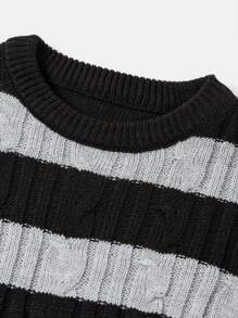 SHEIN Explorewe Teen Girls' Round Neck Striped Distressed Long Sleeve Pullover Sweater - Multicolor - View 4