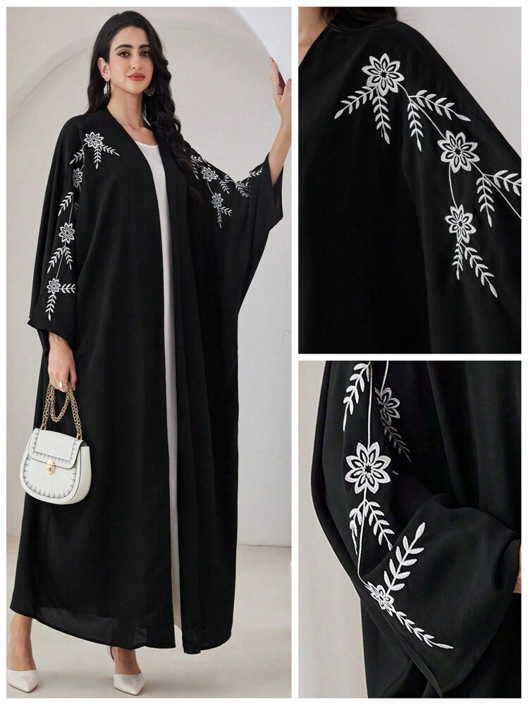عبايه طويلة الأكمام مطرزة بزهور أنيقة قطعة واحدة، جلابيات بسيطة موديسة مفتوحة، للاستخدام اليومي والحفلات